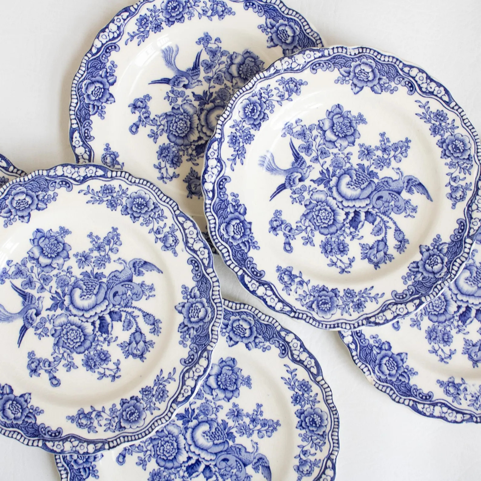 vintage Crown Ducal Bristol dessert plates blue and white English transferware floral bird motif ... | Etsy (US)