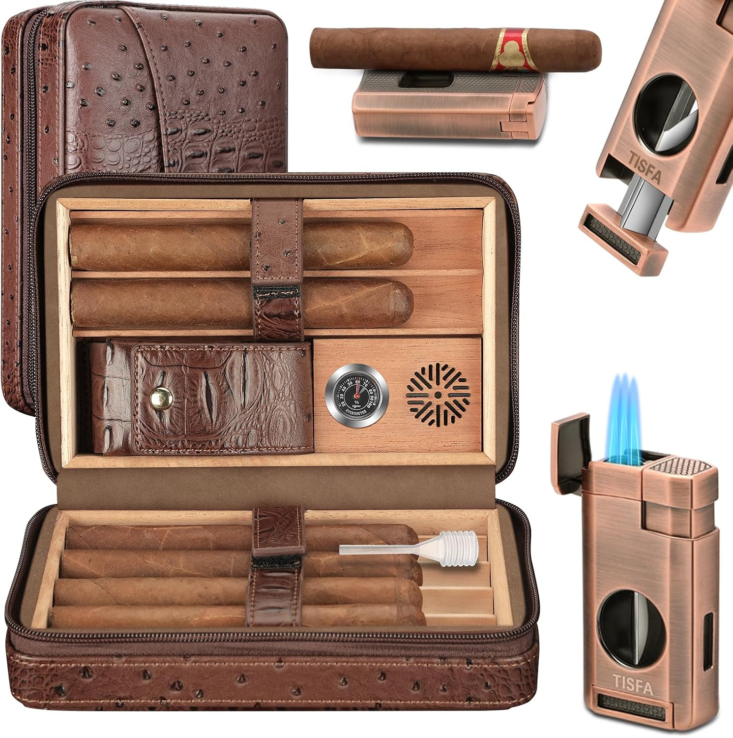 TISFA Cigar Case, Leather Cigar Humidor with Cigar Lighter, V Cut Cigar Cutter, Cigar Holder 3 in 1, Portable Cedar Wood Cigar Box with Humidifier Hygrometer, Cigar Accessories Gifts (Embossed Brown) | Amazon (US)
