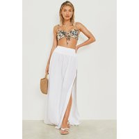 Womens Linen Look Shirred Split Maxi Beach Skirt - White - M | boohoo (US & Canada)