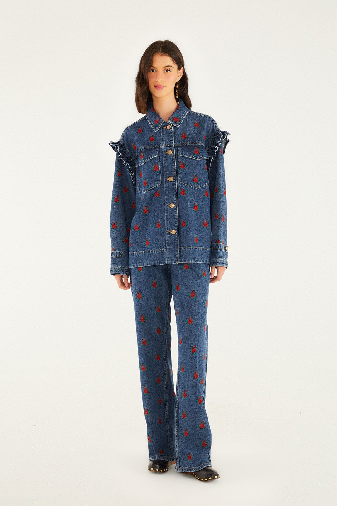 Denim Embroidered Flowers Pants | FARM Rio | FarmRio (US)