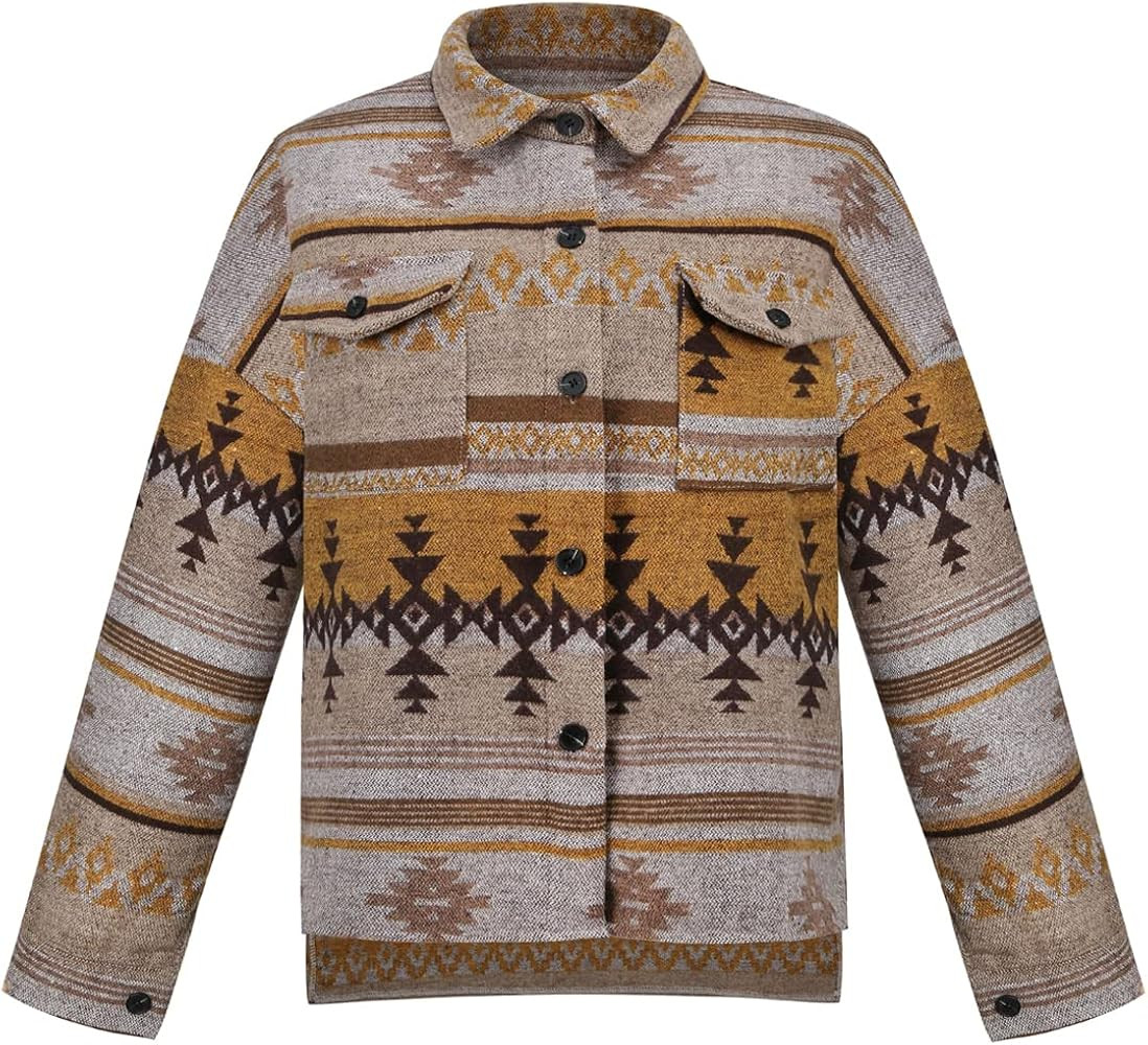 COWOKA Women's Vintage Aztec Print Pattern Loose Shacket Button Down Long Sleeve Woolen Jacket Sh... | Amazon (US)