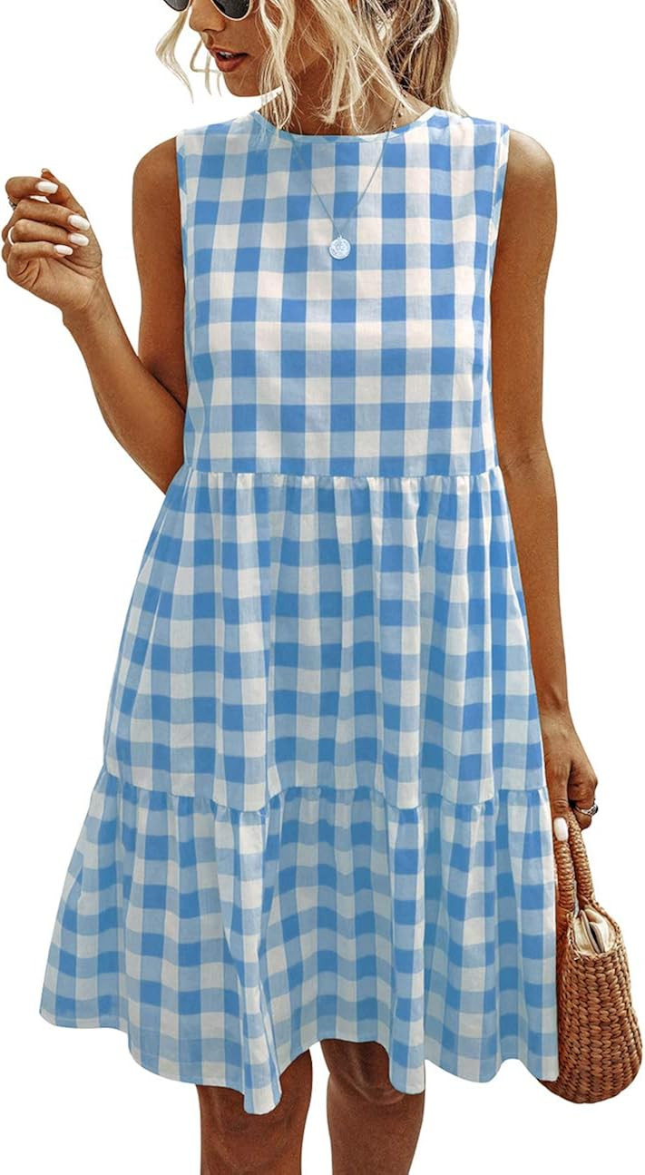 PRETTYGARDEN Women’s Casual Plaid Sleeveless Ruffle Sundress Round Neck A-Line Pleated Mini Sho... | Amazon (US)