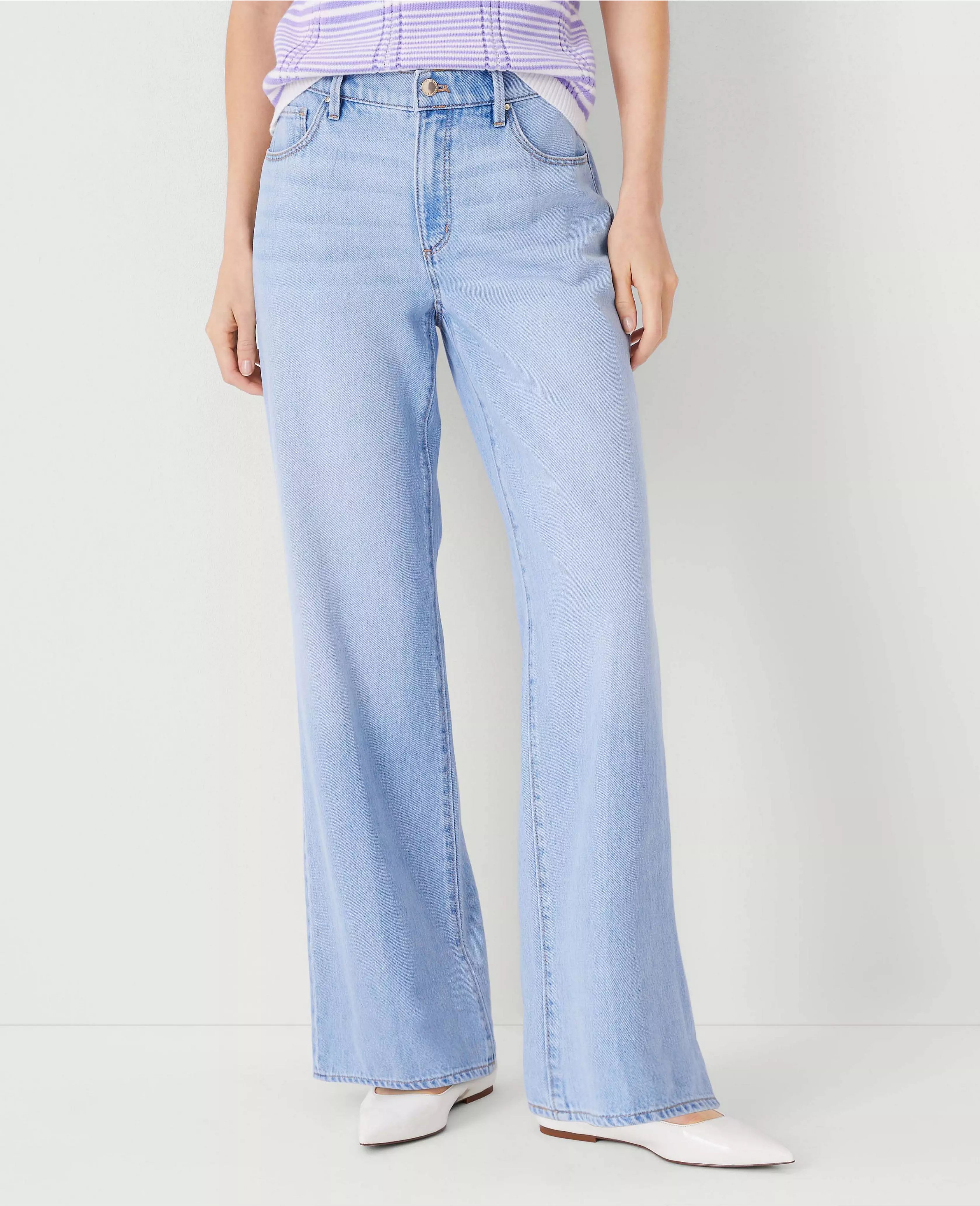 AT Weekend Mid Rise Wide Leg Jeans in Authentic Light Indigo Wash | Ann Taylor (US)