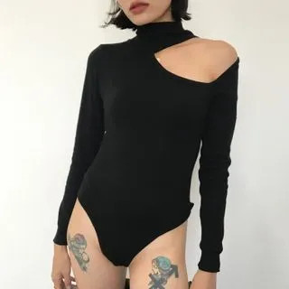 Cutout Long-Sleeve Bodysuit Black - One Size | YesStyle Global