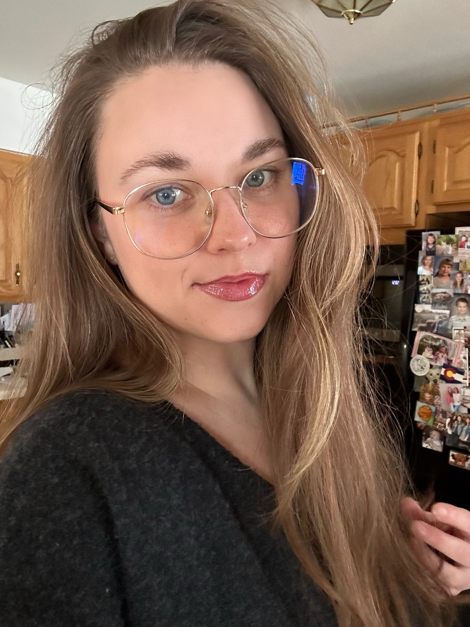 Gold round glasses
Lip liner stain in Mauh-ve 
Dior lip oil
Nuuds v-neck sweater #LTKStyleTip 

#LTKSeasonal #LTKBeauty