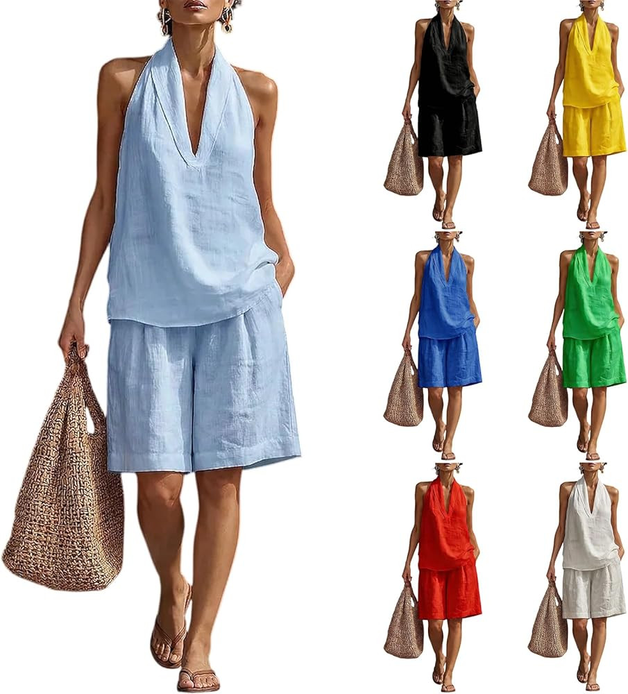 Womens Linen Short Sets 2 Piece Outfits Sleeveless V Neck Halter Top Knee Length Bermuda Shorts S... | Amazon (US)