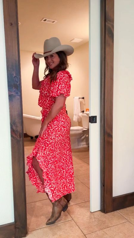 What I wore to last night dinner at the barn on the ranch this red floral dress got so many compliments.wearing a size small Bolo is by Novembermaker based in Texas 

#LTKstyletip #LTKover40 #LTKVideo