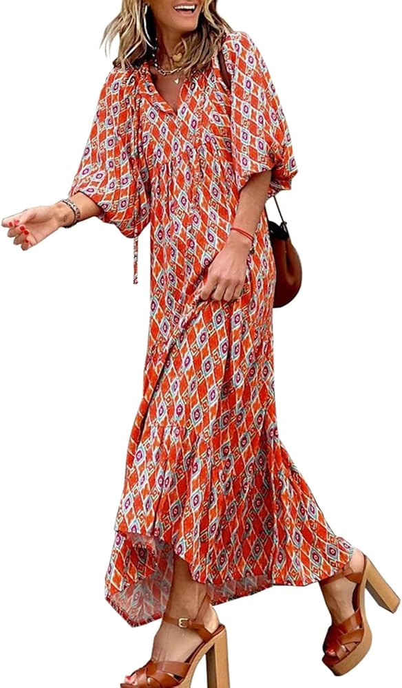 miduo Womens Loose Fit Casual Summer V Neck Half Sleeve Bohemian Geometric Pattern Maxi Long Dres... | Amazon (US)