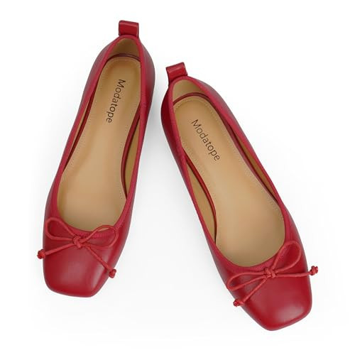 Modatope Womens Red Flats Shoes Ballet Ballerina Bow Bowknot Closed Square Toe Slip on Flats Dress Shoes Size 9.5 | Amazon (US)