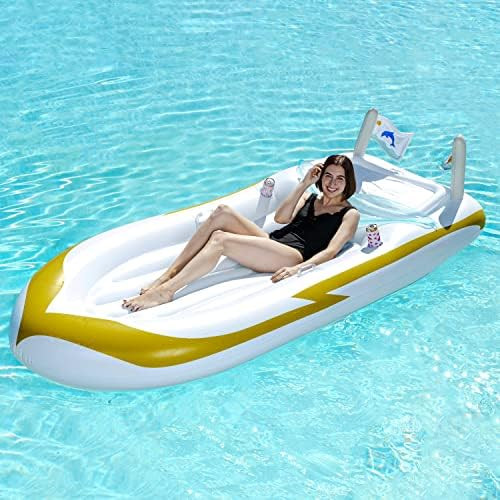 Sloosh Luxury Inflatable Yacht Boat Pool Raft with Cooler, Swimming Water Pool Float Summer Pool Par | Amazon (US)