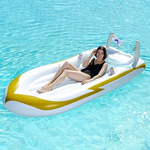 Sloosh Luxury Inflatable Yacht Boat Pool Raft with Cooler, Swimming Water Pool Float Summer Pool Par | Amazon (US)