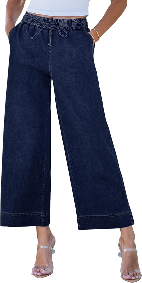 luvamia Wide Leg Jeans for Women High Waisted Cropped Pull On Jeans Elastic Wasit Drawstring Stre... | Amazon (US)