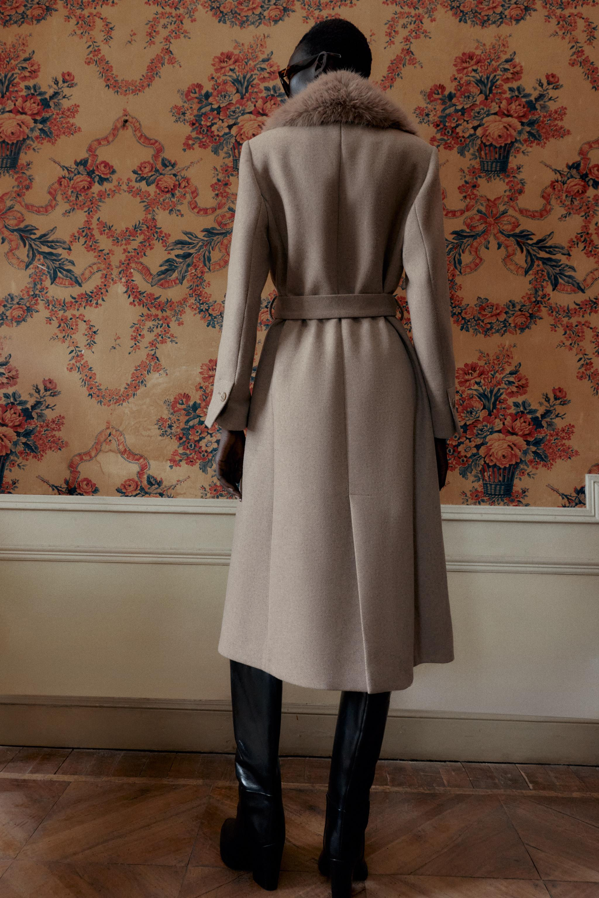 WOOL COAT WITH FAUX FUR LAPEL AND BELT | Zara US