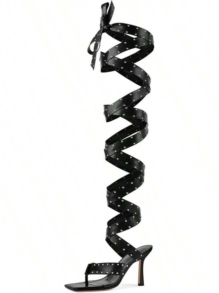 Sexytag Women's Sexy Thigh High Wrap Heels Gladiator Lace-Up Studded Stiletto Heel Strappy Thong SandalsChristmas | SHEIN