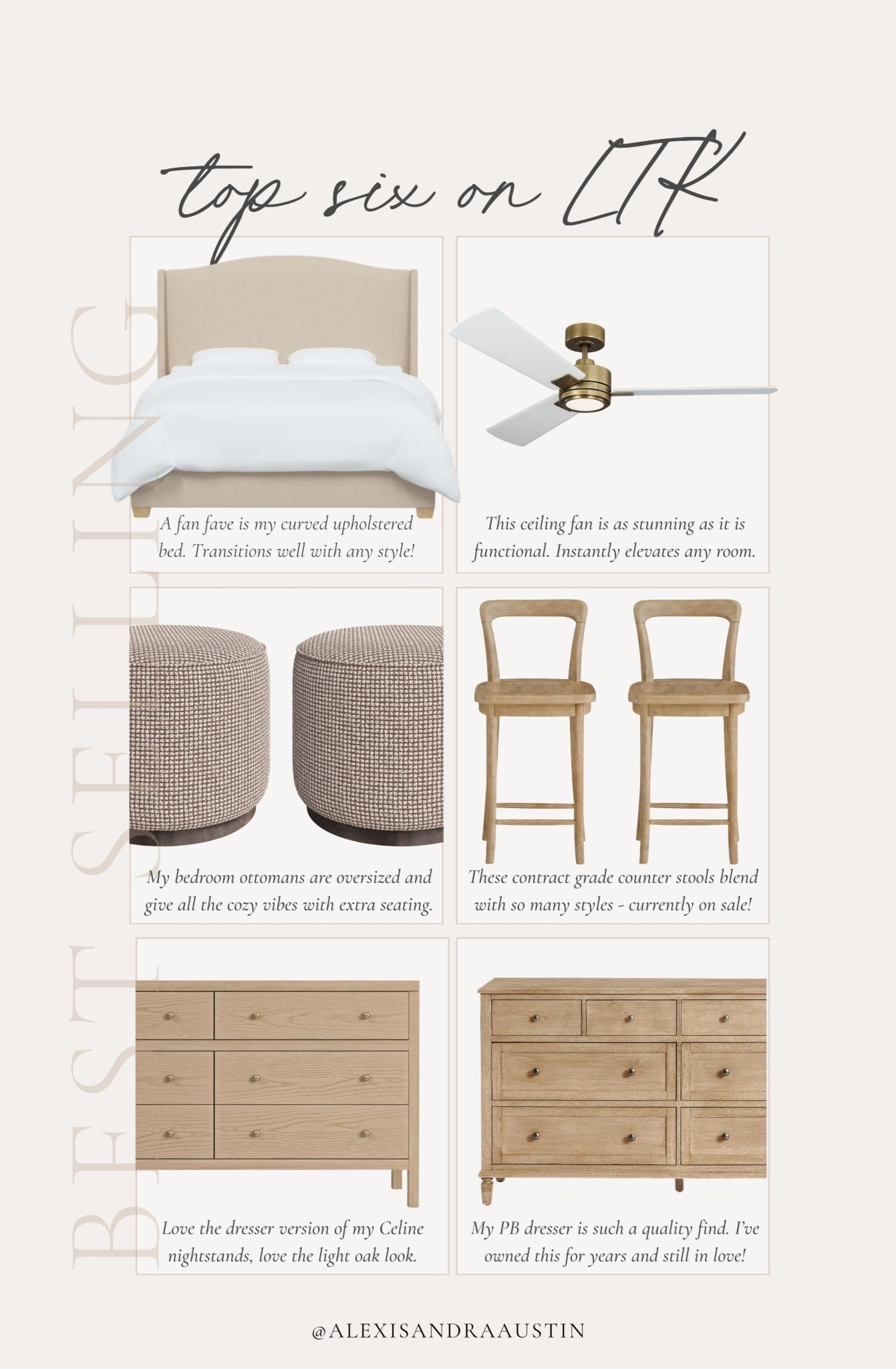 This week’s top six best selling items on LTK! Loving these home staple pieces to add to a light and airy look this spring.

Home finds, neutral home inspo, best sellers, furniture favorites, neutral wood tones, spring refresh, upholstered bed frame, ceiling fan, brass detail, ottoman details, wooden counter stool, light and airy, dresser details, Wayfair, Pottery Barn style, Visual Comfort, shop the look!

#LTKSeasonal #LTKHome