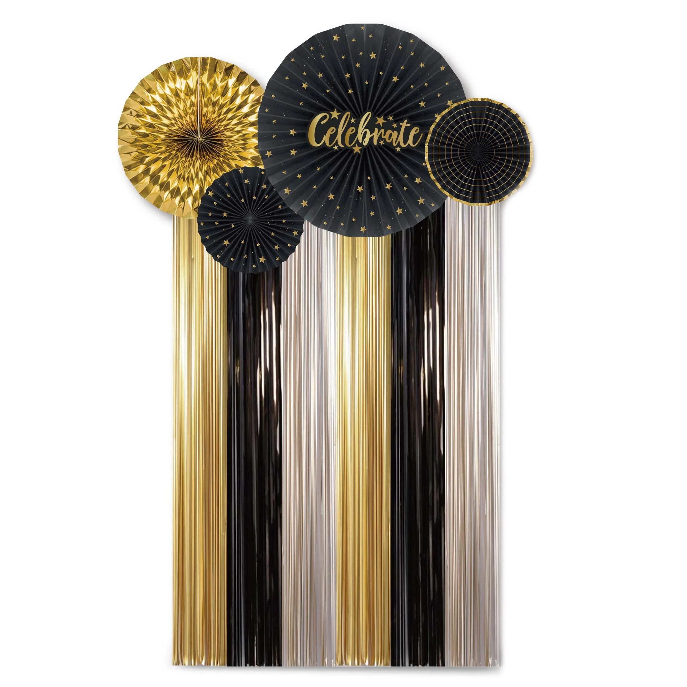 Black/Gold Paper Fan and Foil Fringe Kit, 5 Pieces, by Way To Celebrate | Walmart (US)