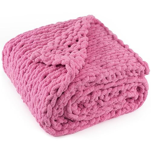 LONG CREATE Chunky Knit Throw Blanket 50"X 60", 100% Handmade with Soft Chenille Yarn, 4.4lbs Thick Cable Knitted Blankets, Large Rope Knot Crochet Throws for Couch Sofa Bed Home Decor, Hot Pink | Amazon (US)