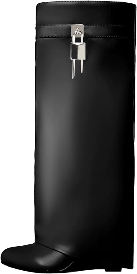 Arqa Fold Over Knee High Boots for Women Covered Wedge Heel Padlock Boot Almond Toe Wide Calf Pul... | Amazon (US)