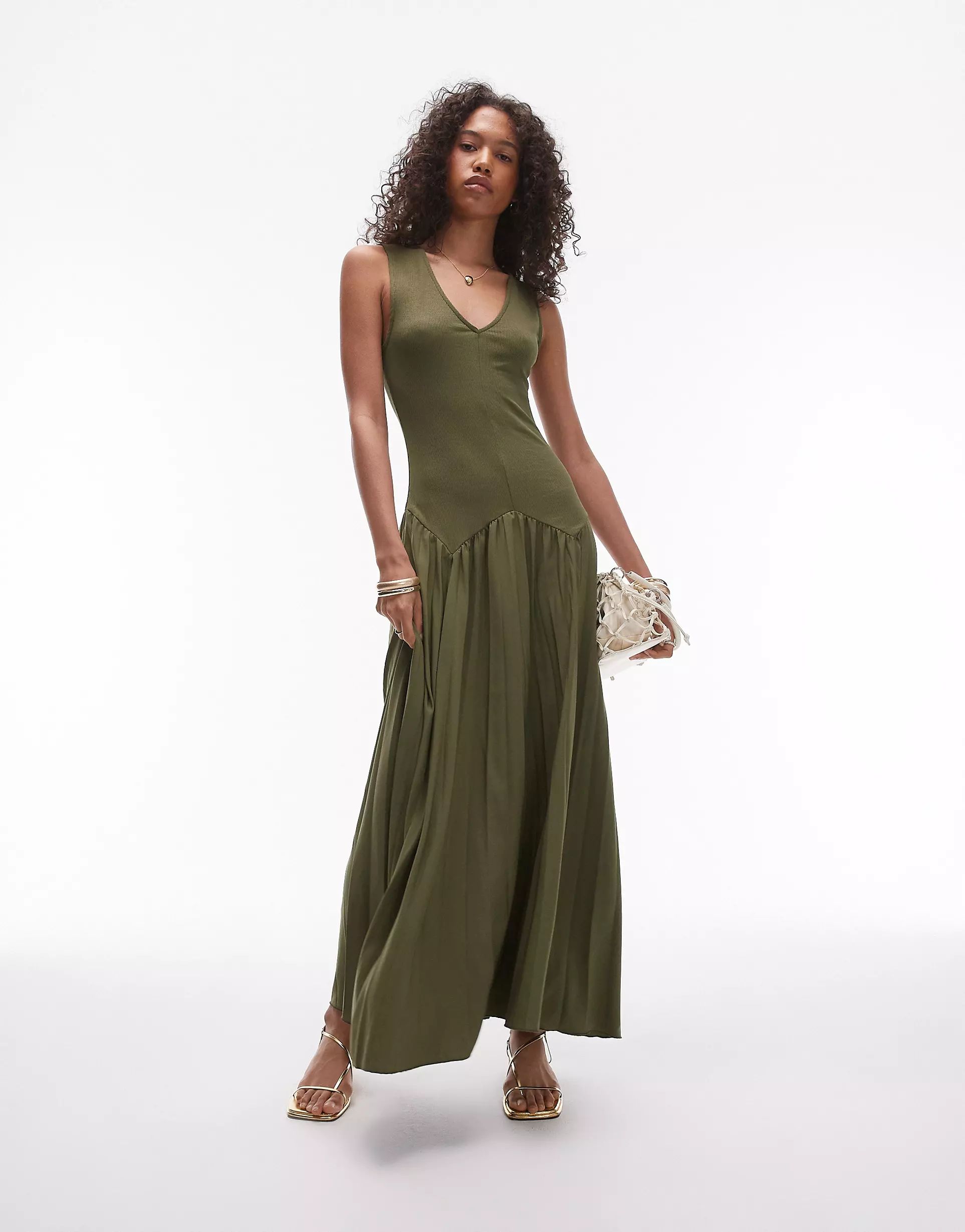 Topshop v neck jersey and pleated midi dress in khaki | ASOS (Global)