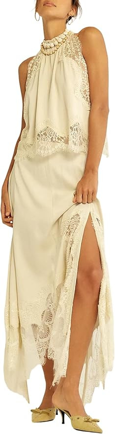 Women Satin Skirt Set Lace Trim Mock Neck Backless Tops Asymmetry Hem Maxi Skirt Y2k Silky Going ... | Amazon (US)