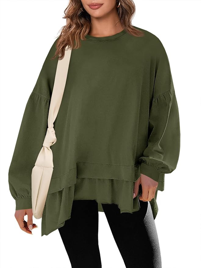 Tankaneo Womens Oversized Tops Peplum Puff Long Sleeve Shirts Trendy Casual Loose Fit Crew Neck T... | Amazon (US)