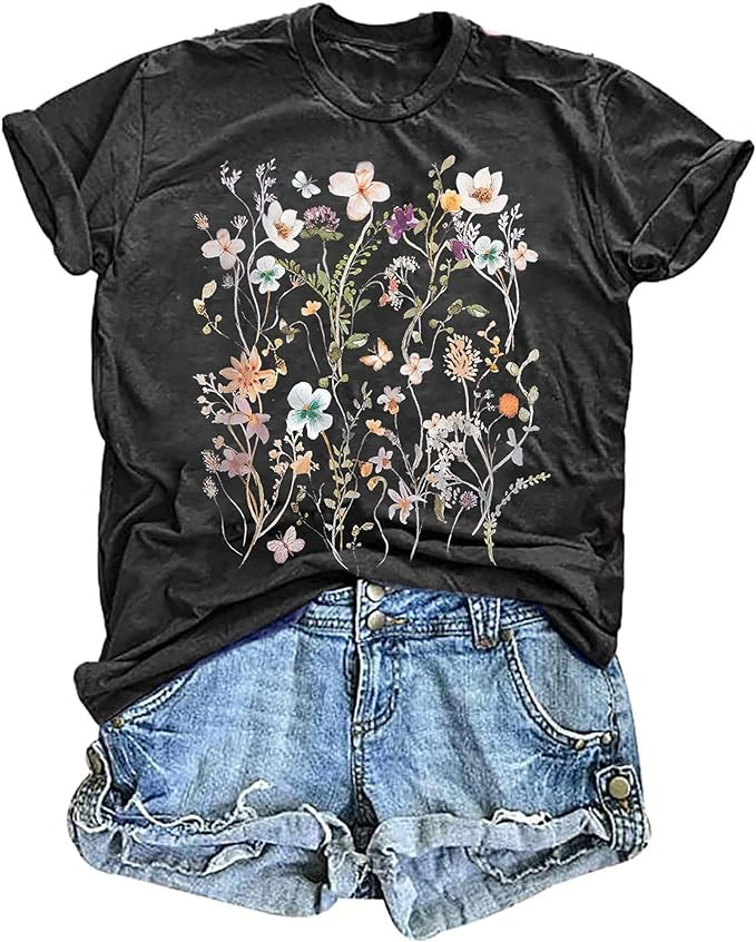 Women's Vintage Floral T Shirt Boho Wildflower Graphic Loose Tees Short Sleeve Casual Tops | Amazon (US)
