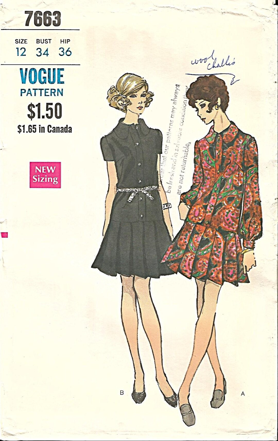 Vogue 7663, Vintage 1969 Sewing Pattern, Misses Shirtdress With Dropped Waist, Pleated Skirt, Bis... | Etsy (US)