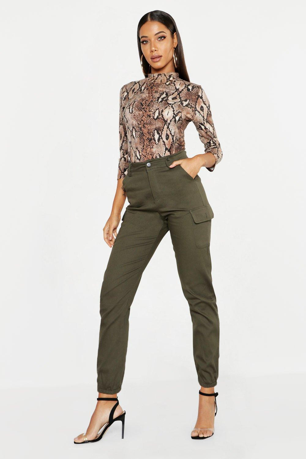 Womens High Waist Woven Cargo Pocket Pants - Green - L | Boohoo.com (US & CA)
