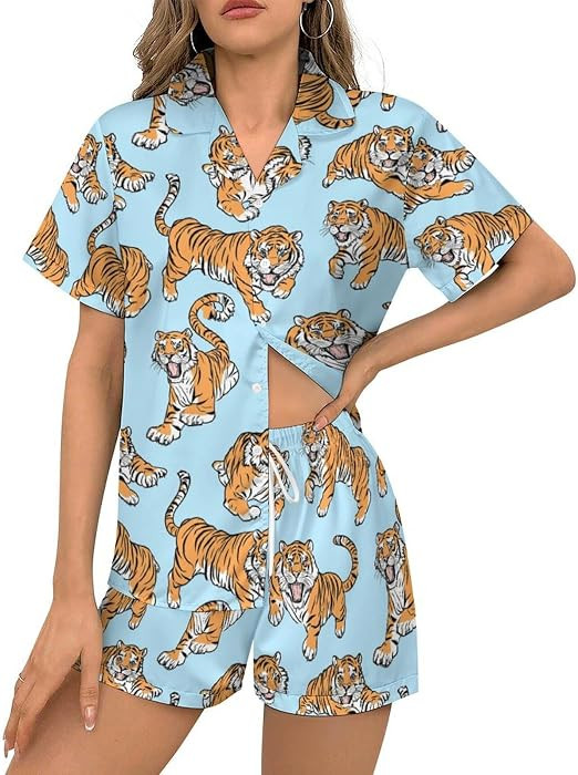 Delerain Blue Bees Womens Pajama Sets 2-Piece Short Sleeve Sleepwear Soft Satin Button Down Loung... | Amazon (US)