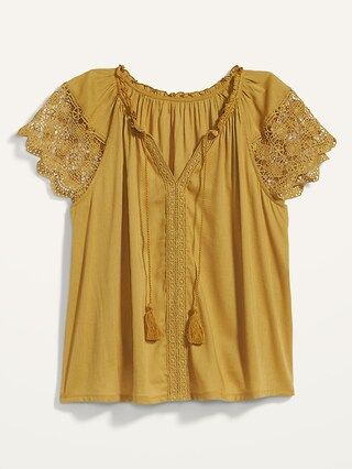 Relaxed Tie-Neck Crochet-Lace Sleeve Blouse for Women | Old Navy (US)