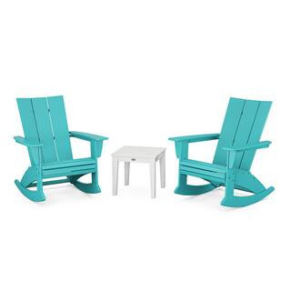 Modern Curveback Adirondack Rocking Chair Aruba/White 3-Piece HDPE Plastic Patio Conversation Set | The Home Depot