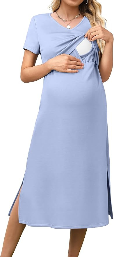 OUGES Womens 2025 Summer Short Sleeve Maternity Nursing Dress V Neck Breastfeeding Split Pregnanc... | Amazon (US)