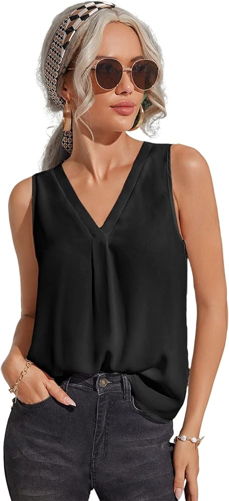 Milumia Women Sleeveless V Neck Work Office Blouse Pleated Tank Top Shirt | Amazon (US)