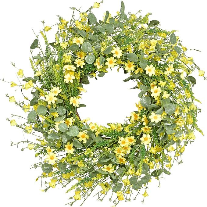 Artificial Daisy Wreath - 22 Inches Eucalyptus Wreath with Yellow Flower Wreath Spring Summer Wre... | Amazon (US)