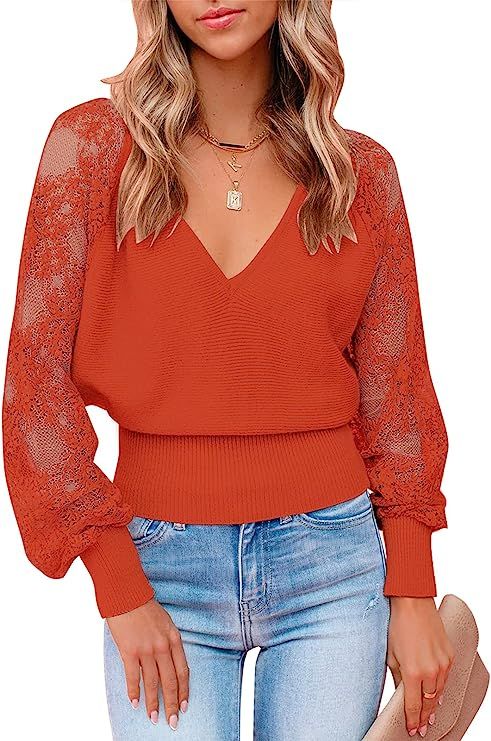 ZCSIA Women's Long Sleeve V Neck Lace Patchwork Backless Comfy Knit Pullover Sweater Tops | Amazon (US)