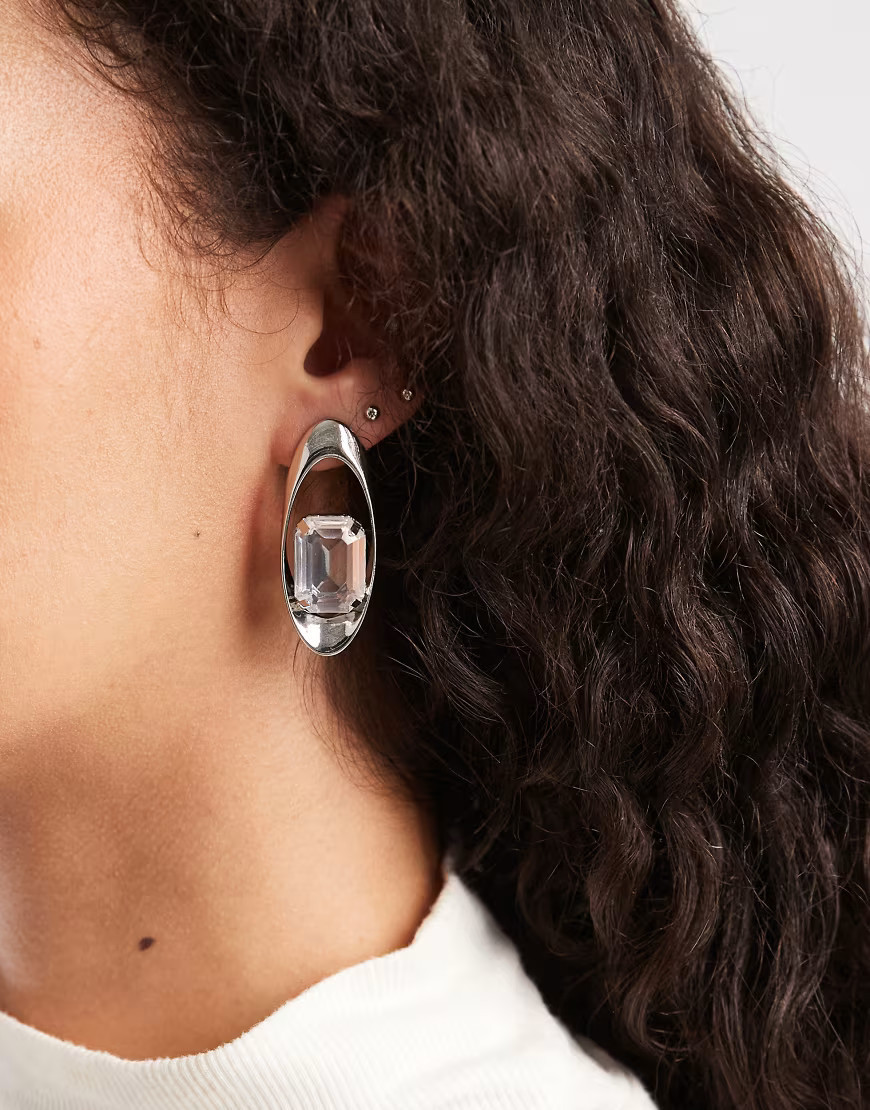 ASOS DESIGN oval stud earrings with clear sparkly crystal stone in silver tone | ASOS (Global)