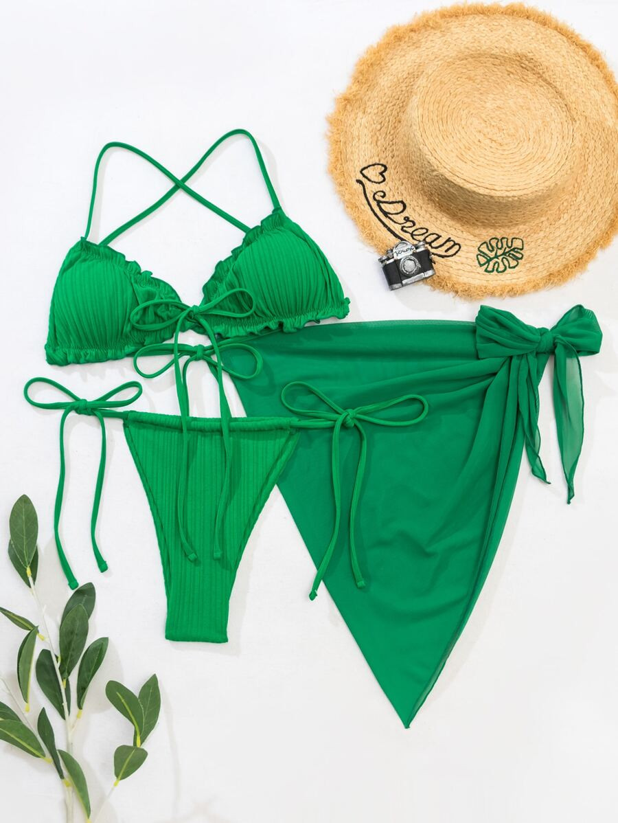 3pack Ruched Frill Thong Bikini Swimsuit & Beach Skirt | SHEIN