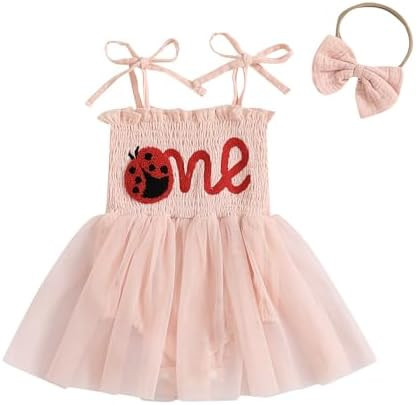 First Birthday Outfit Girl Infant Baby Embroidery One Smocked Bodysuit Sleeveless Tie Up Tulle Ro... | Amazon (US)