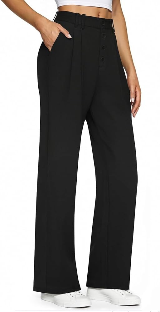 Womens Stretchy Dress Pants Straight Wide Leg Work Trousers Business Casual Pull On Office Slacks... | Amazon (US)