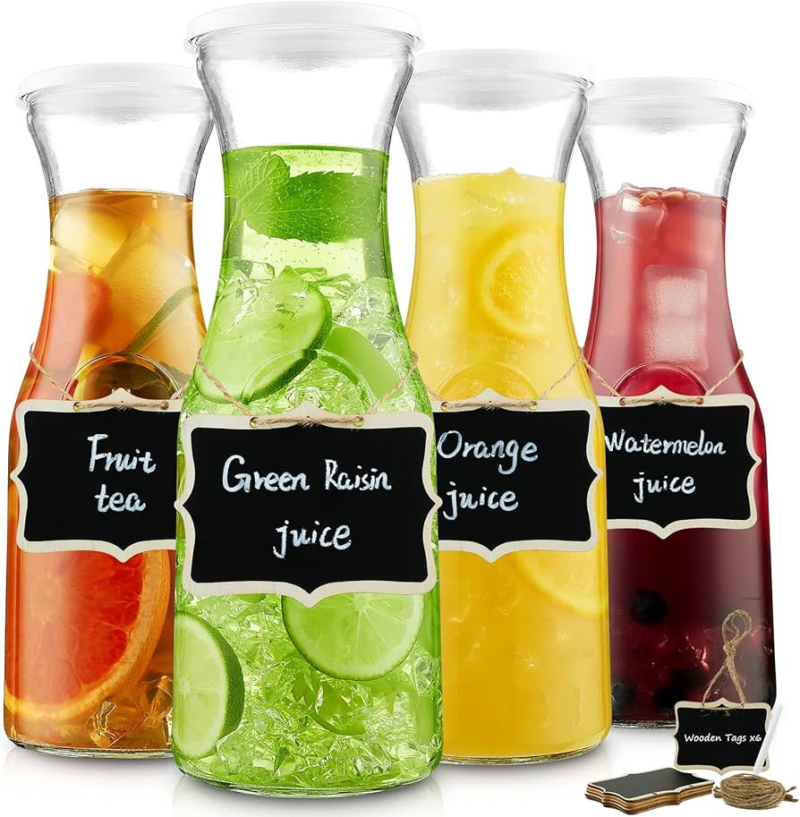 Set of 4 Glass Carafe Pitchers with 8 pcs Lids, 35 oz Beverage Pitcher Carafe Set for Mimosa Bar,... | Amazon (US)