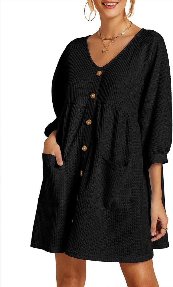 Womens Work Casual Babydoll Dresses 3/4 Puff Sleeve Fall Flowy Button Pleated Knit T Shirt Dress | Amazon (US)