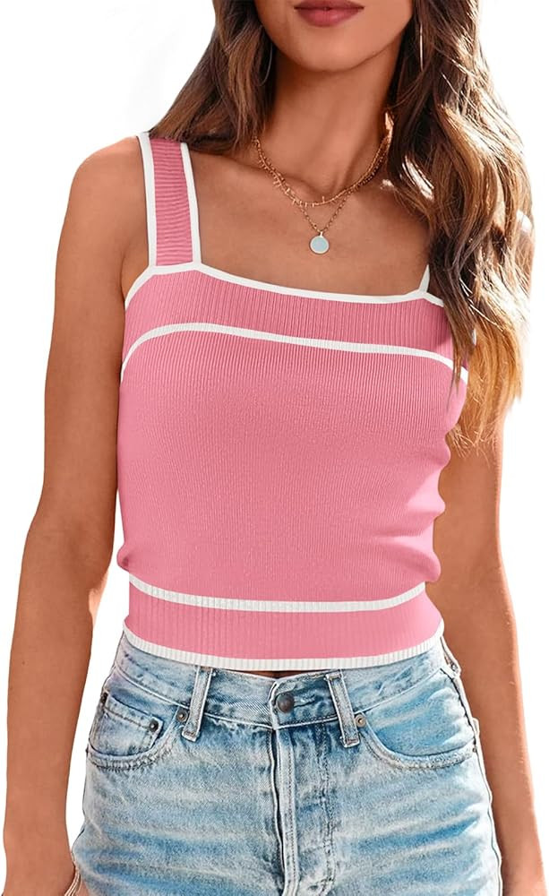 NALANISA Women's Trendy Summer Square Neck Crop Tank Tops 2026 Casual Color Block Knit Sleeveless... | Amazon (US)
