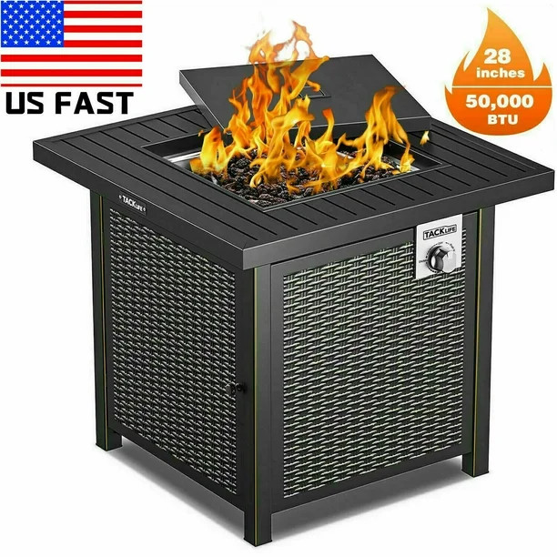 28" Propane Fire Pit Table, Black Outdoor Fire Table, Square Rattan Plaited Fire Table with Lid,5... | Walmart (US)