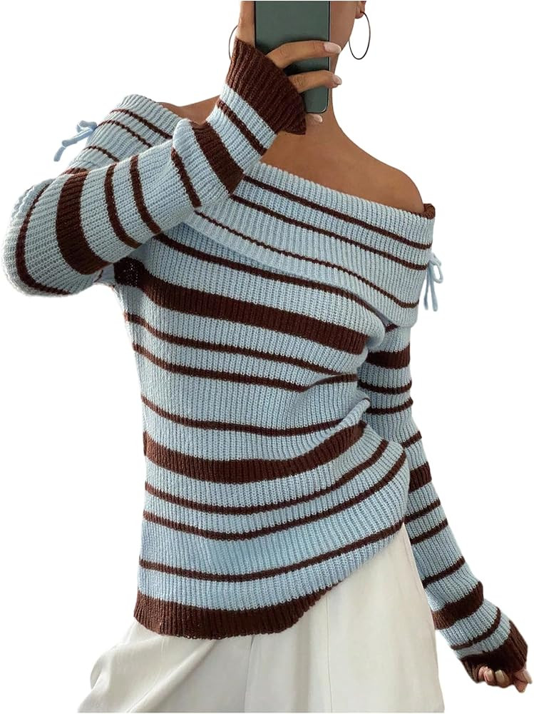 Milumia Women's Striped Off The Shoulder Sweater Y2k Fold Over Long Sleeve Ribbed Knit Tops | Amazon (US)