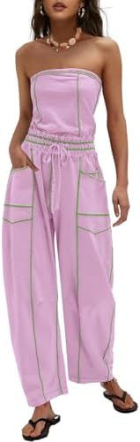 Womens Casual Strapless Jumpsuits off the Shoulder Summer Rompers Sleeveless One Piece Outfits wi... | Amazon (US)