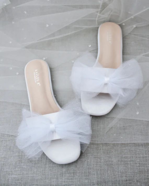 WHITE SATIN Slide Flat Sandals With Oversized Tulle Bow  | Etsy | Etsy (US)