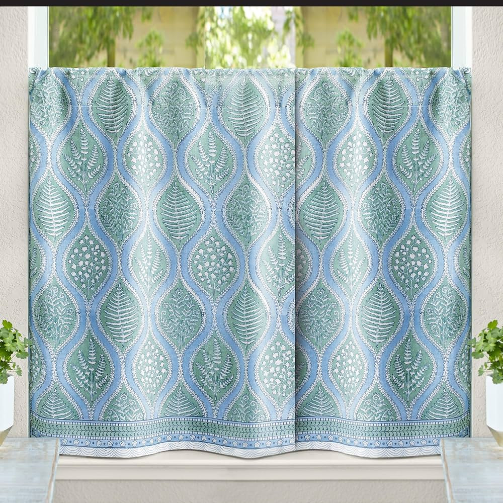 Half Kitchen Cotton Curtains for Small Windows, Bathroom and Cafe Hand Block Printed Woodland Fer... | Amazon (US)