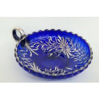 Cobalt Blue Glass Silver Color Overlay Nappy Candy Dish With Handle 1697B | Etsy (US)