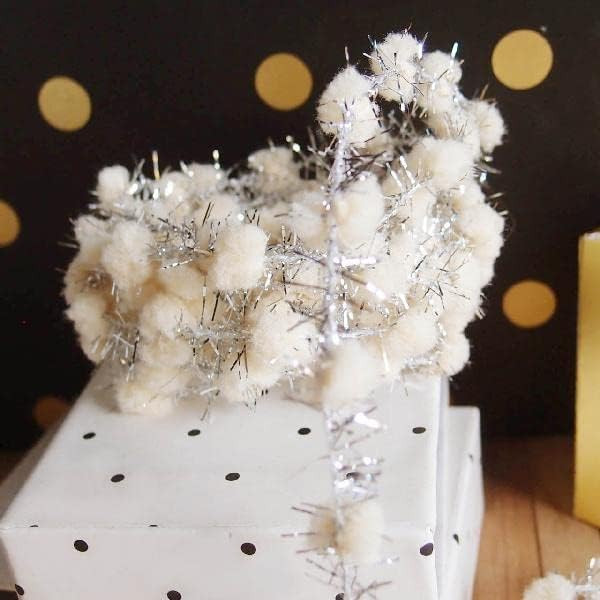 10 Yards Fuzzy Pom Pom Wired Trim Ribbon Lace - Ivory w/Silver Tinsel | Amazon (US)