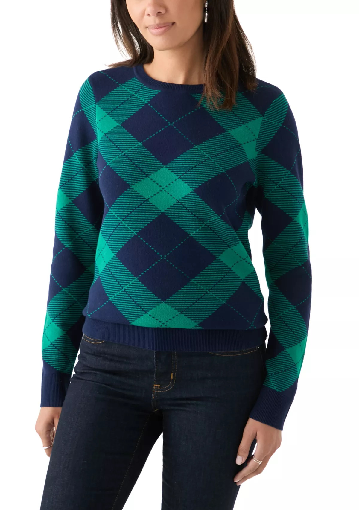 Kim Rogers®Women's Long Sleeve Crew Neck Jacquard Plaid Sweater | Belk